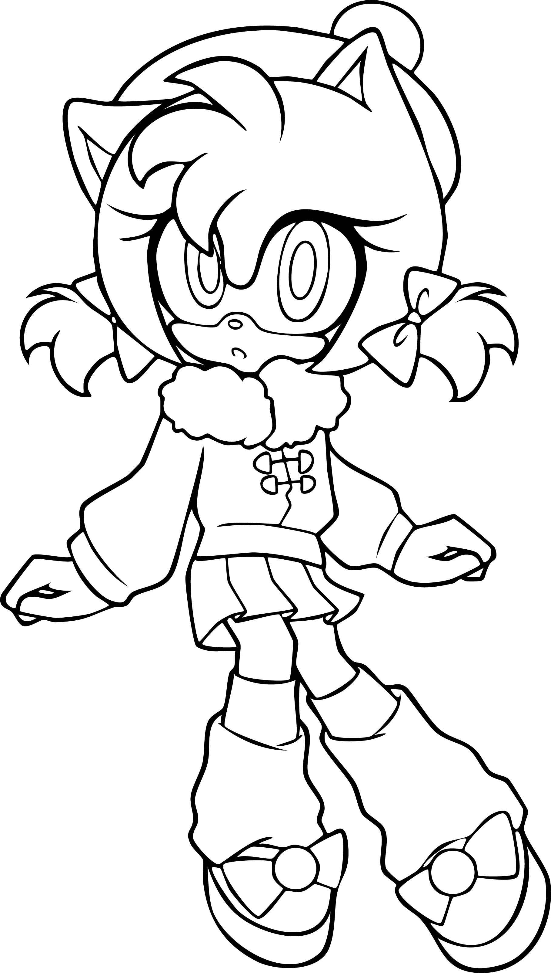 Amy Rose from Sonic coloring page. Wearing a cute warm winter coat, skirt, boots, and hat with bows.