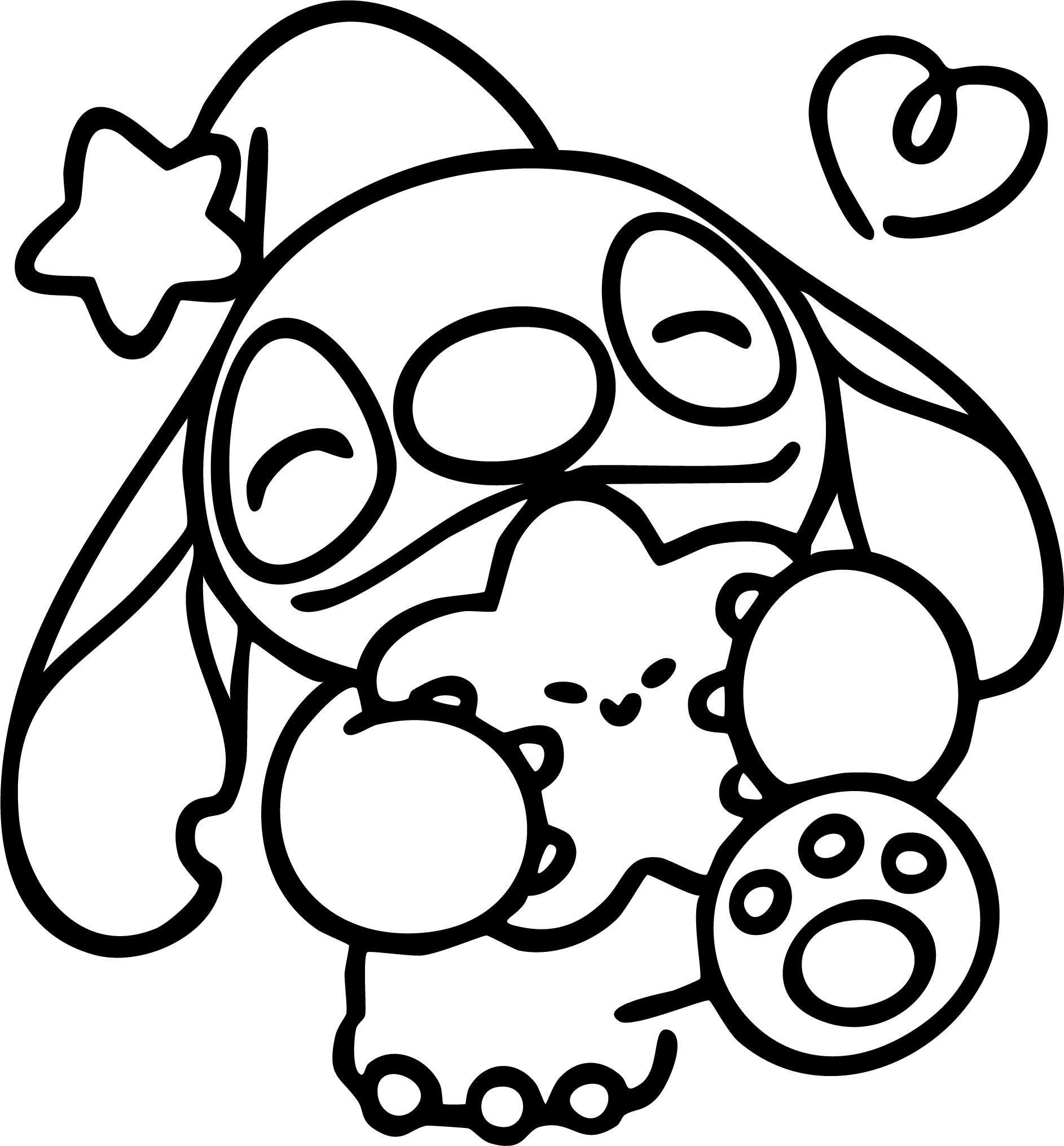 Stitch from Lilo & Stitch coloring page. An angel Stitch wearing a halo and holding a star. A heart is nearby.
