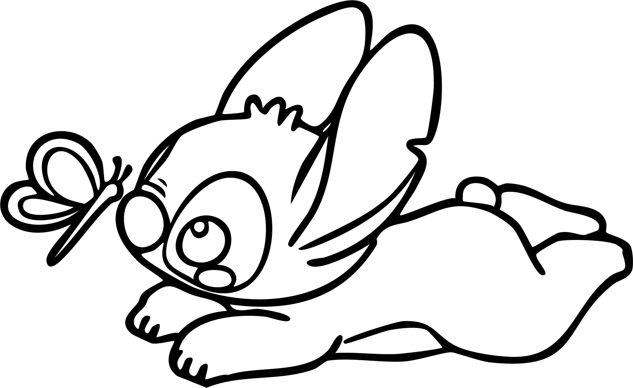 Stitch from Lilo & Stitch coloring page. Lying on belly with rabbit ears looking at a butterfly.