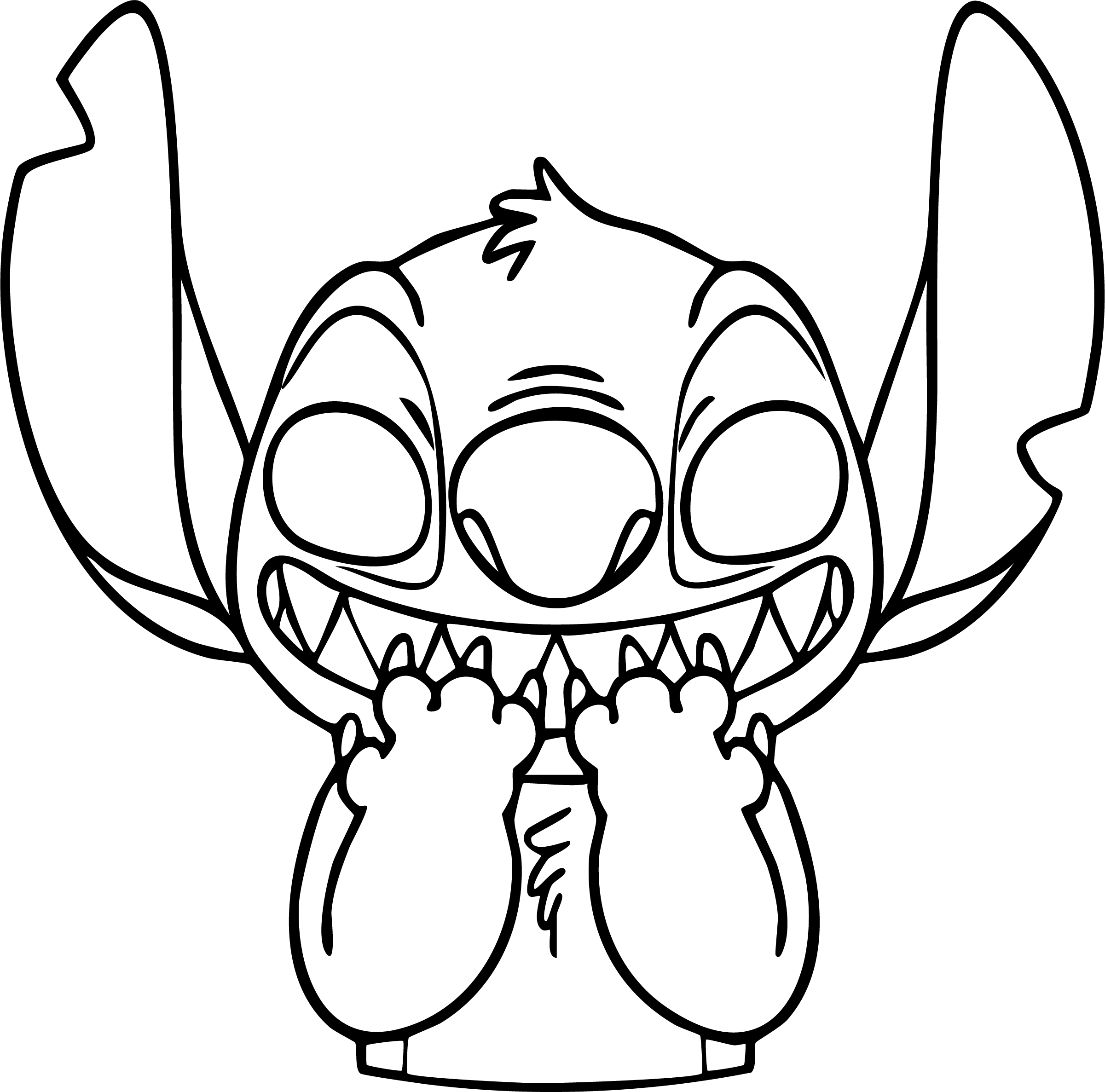 Stitch from Lilo & Stitch coloring page. Close-up, covering mouth with hands, eyes wide, mischievous expression.