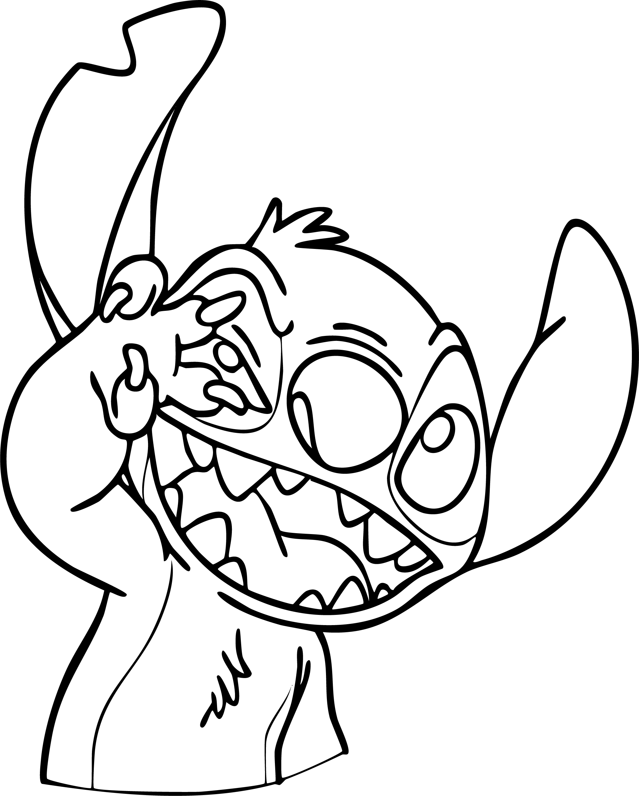 Stitch from Lilo & Stitch coloring page. Wild expression, paw near eye.