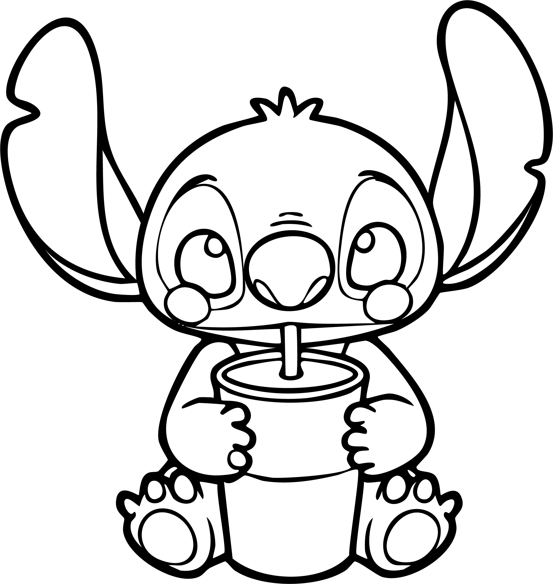 Stitch from Lilo & Stitch coloring page. Sitting and drinking from a large cup with a straw, rosy cheeks.