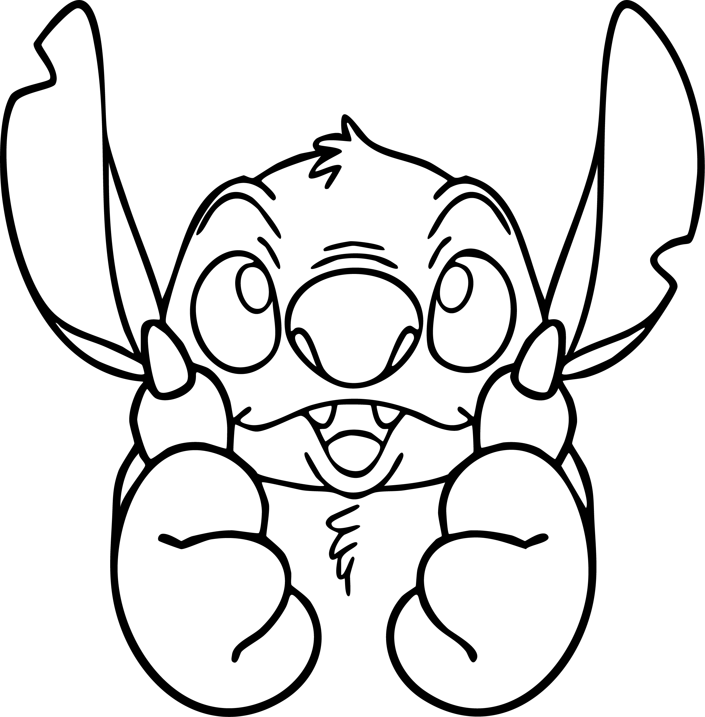 Stitch from Lilo & Stitch coloring page. A close-up view of Stitch's face with large hands held up in front.