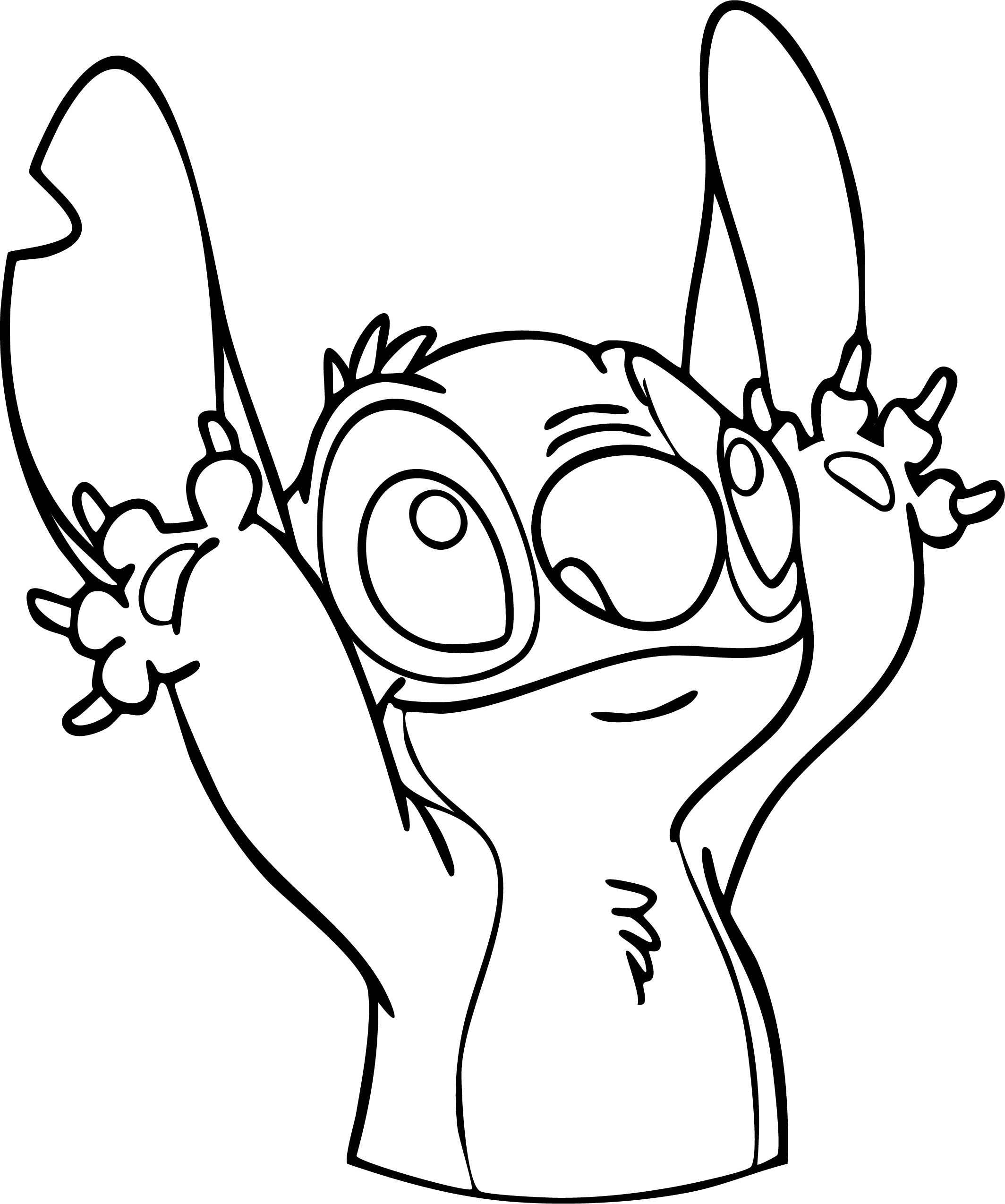 Stitch from Lilo & Stitch coloring page. Standing and lifting both arms high with open hands, smiling.