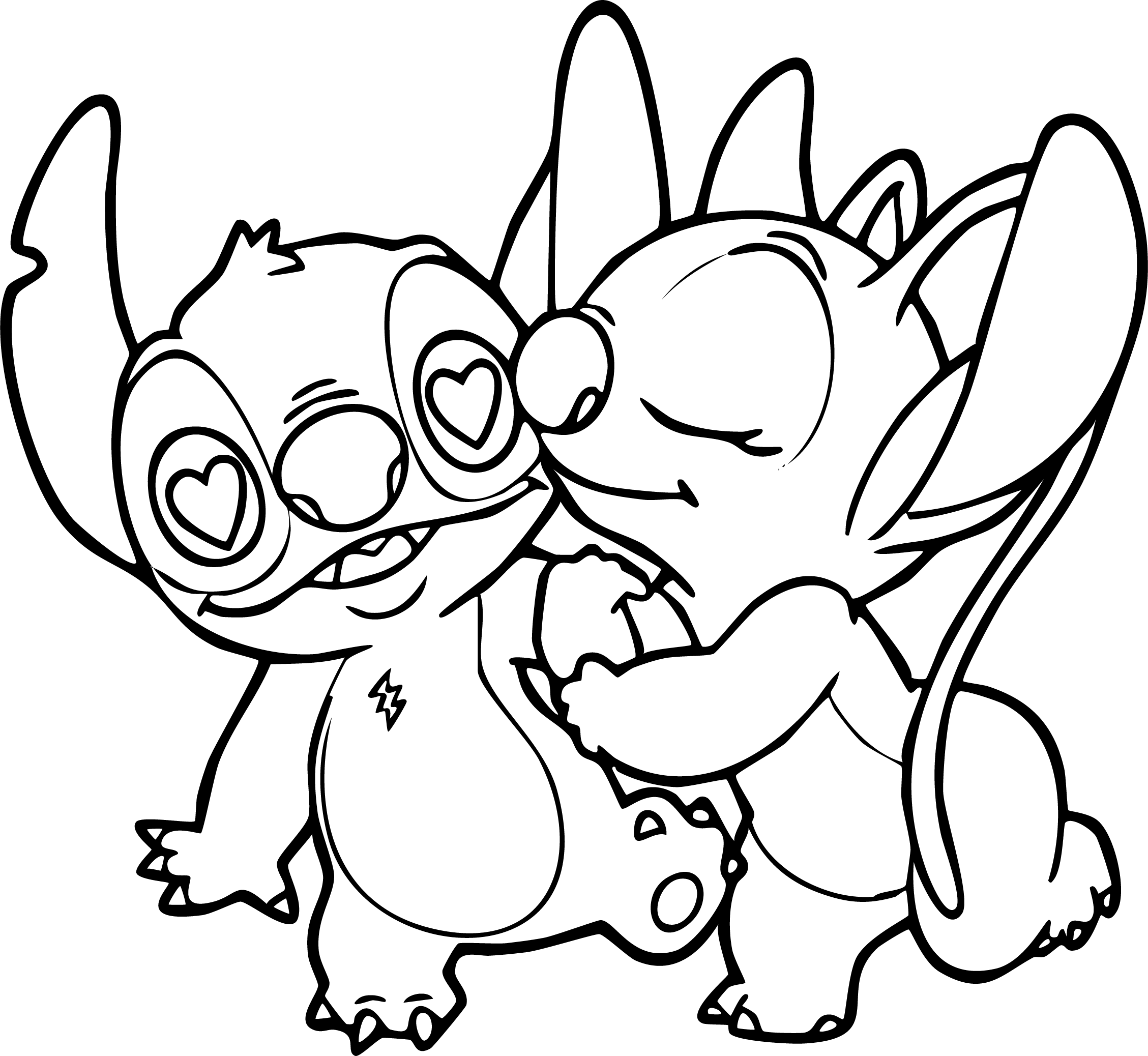 Stitch from Lilo & Stitch coloring page. Angel kissing Stitch on the cheek while he has large heart shapes in his eyes.