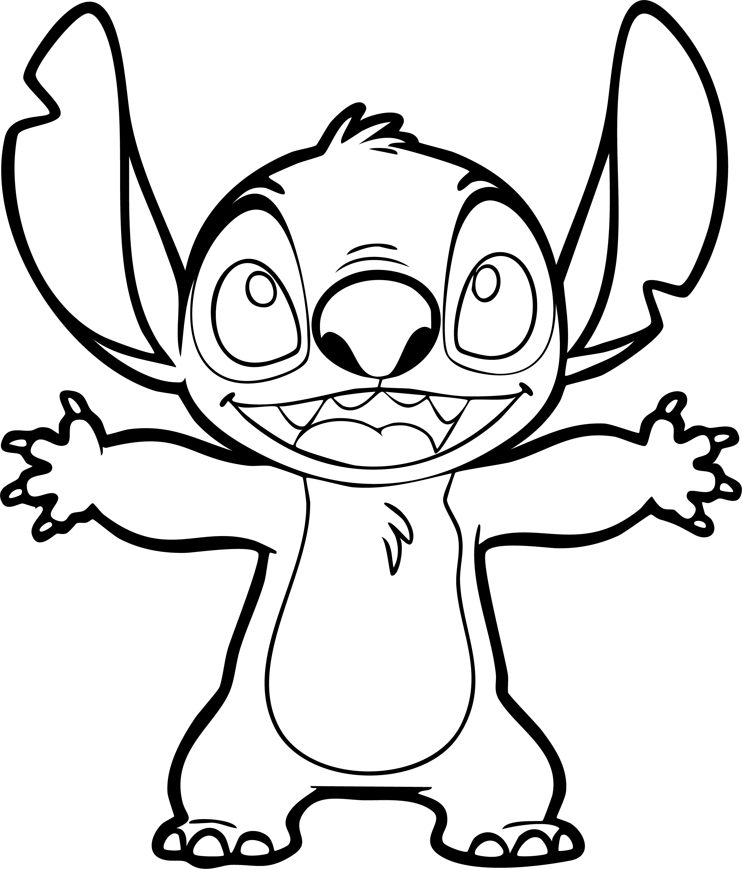 Stitch from Lilo & Stitch coloring page. Standing, wide smile, claws shown, arms spread wide for a hug.