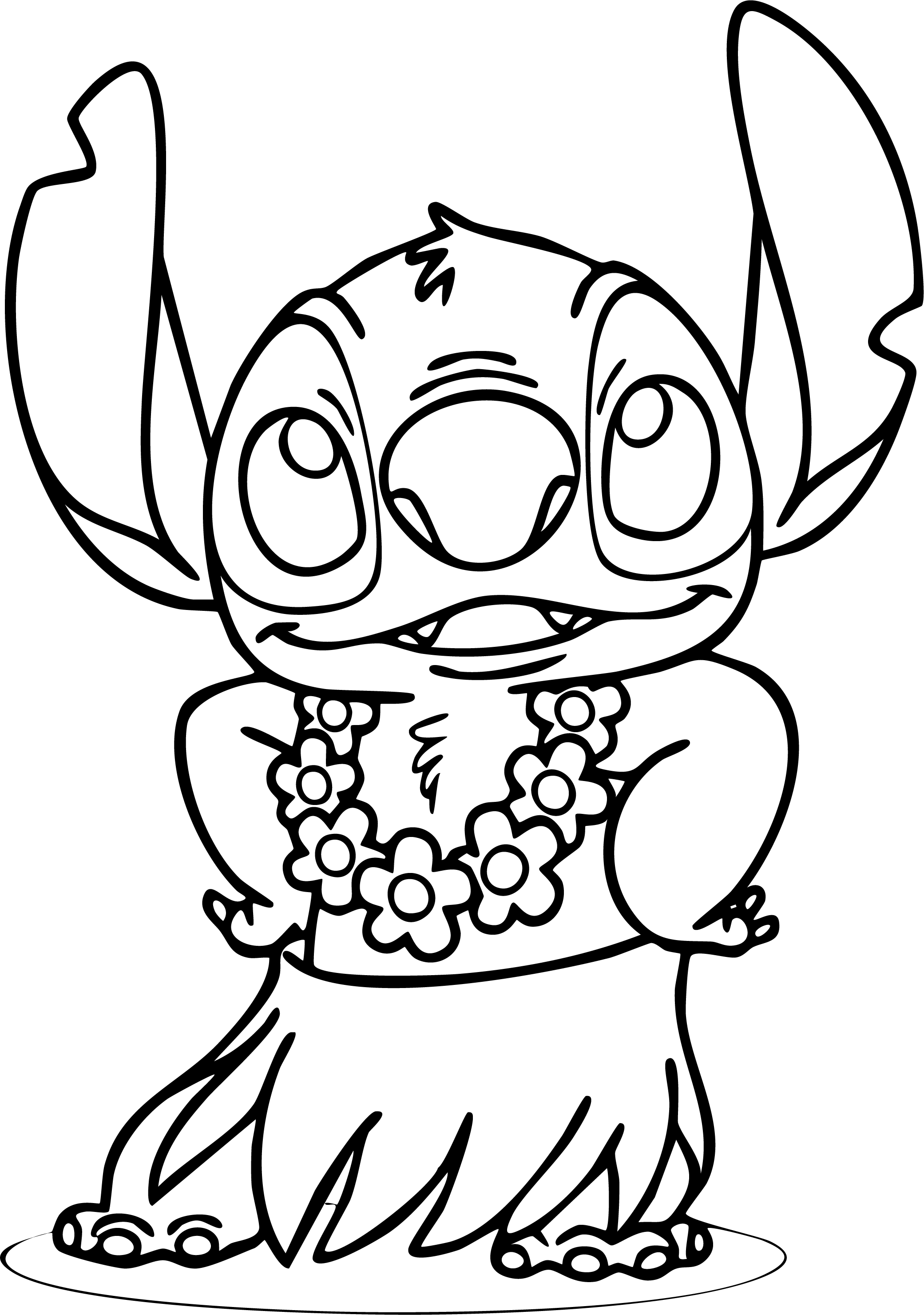 Stitch from Lilo & Stitch coloring page. Stitch standing in a grass hula skirt and a flower lei necklace.