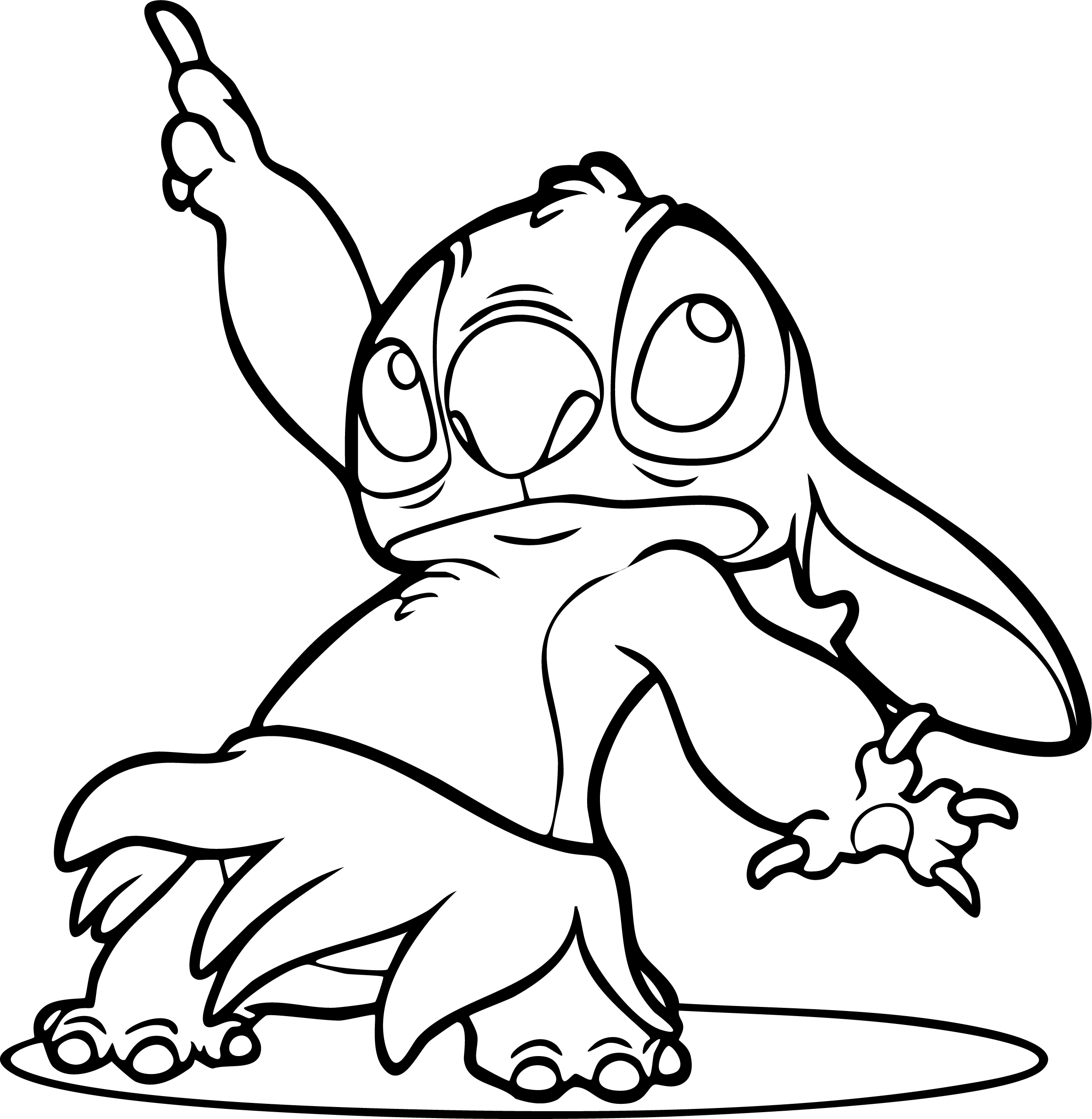 Stitch from Lilo & Stitch coloring page. Hula dancing, pointing up.
