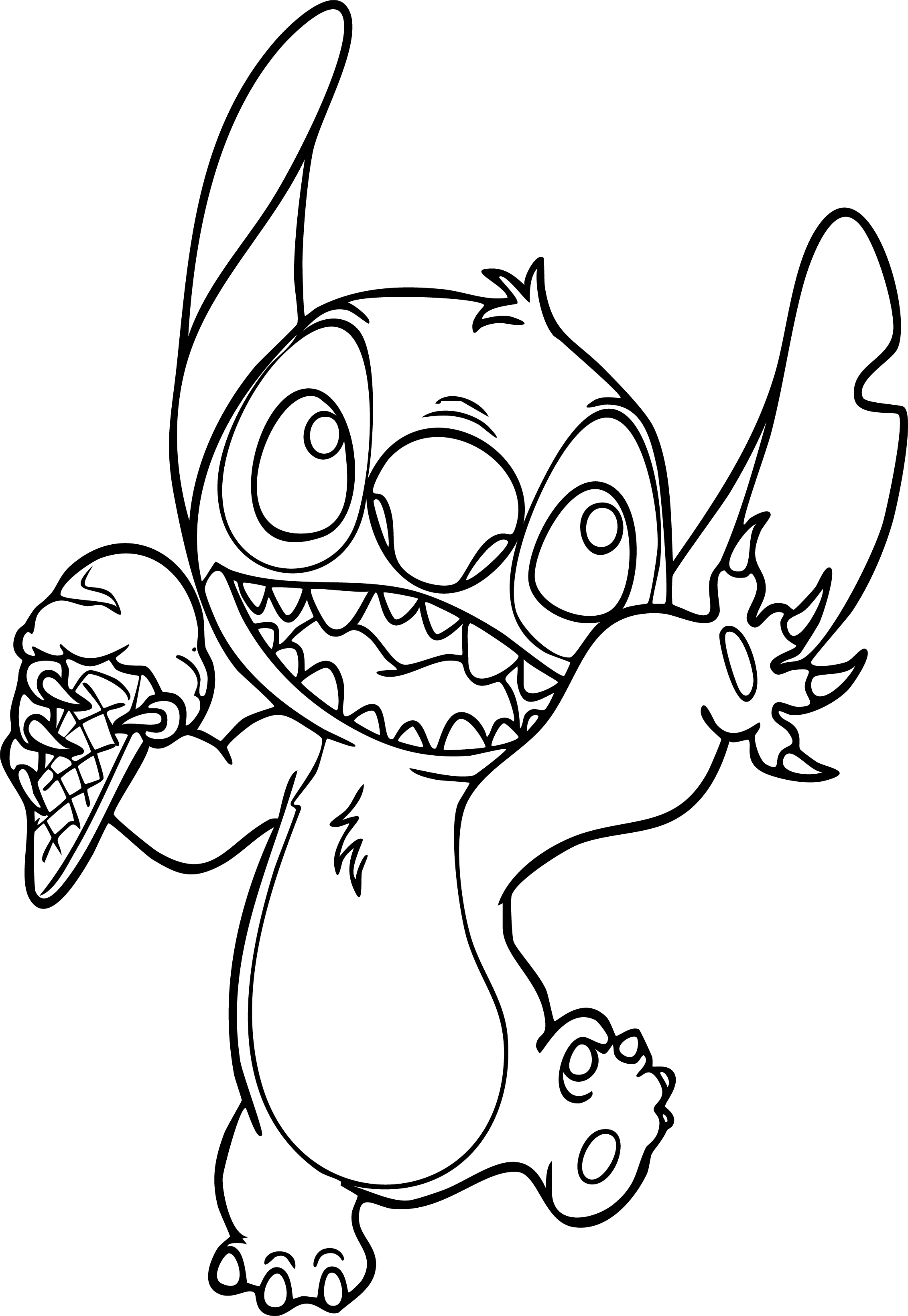 Stitch from Lilo & Stitch coloring page. He happily waves while holding a big ice cream cone.
