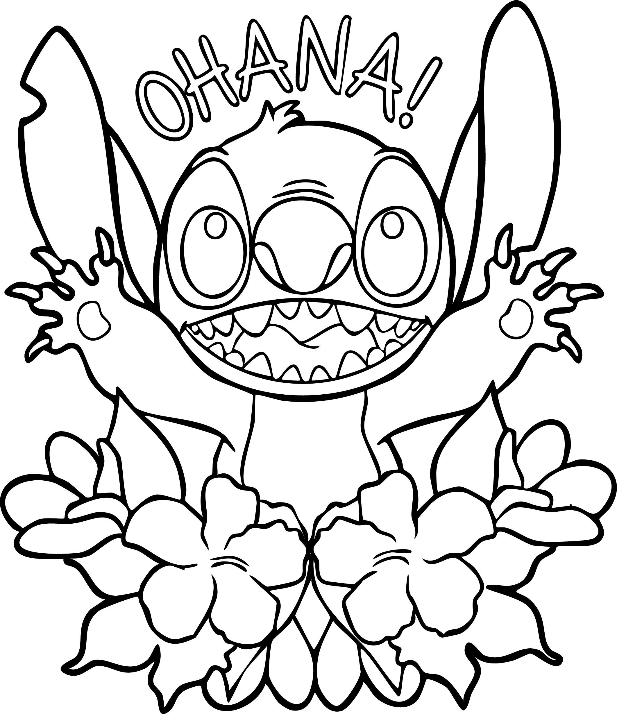 Stitch from Lilo & Stitch coloring page. Stitch peeks out from a bunch of flowers with the word 'OHANA!' above.