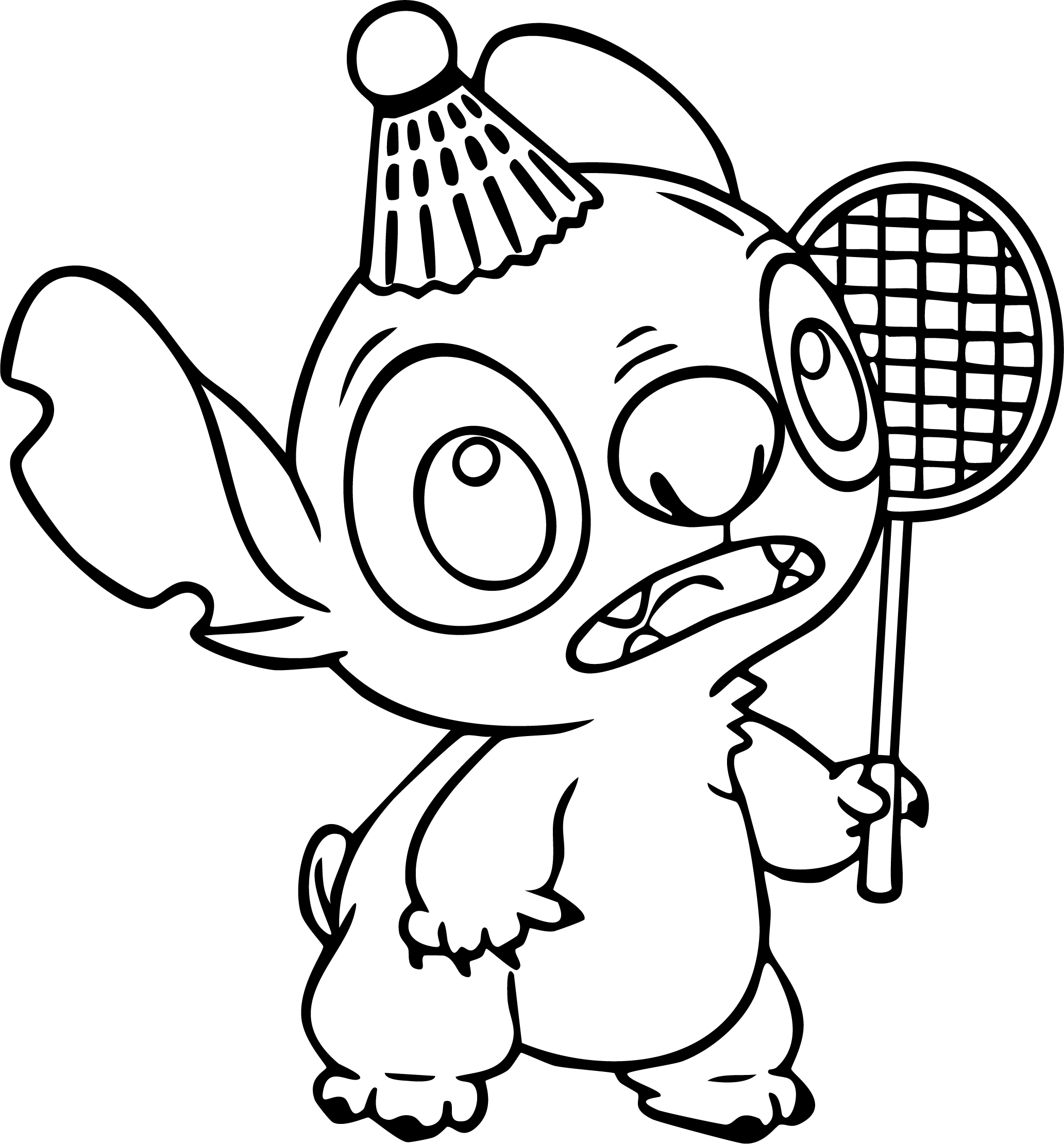 Stitch from Lilo & Stitch coloring page. Stitch holding a racket and wearing a shuttlecock on his head.