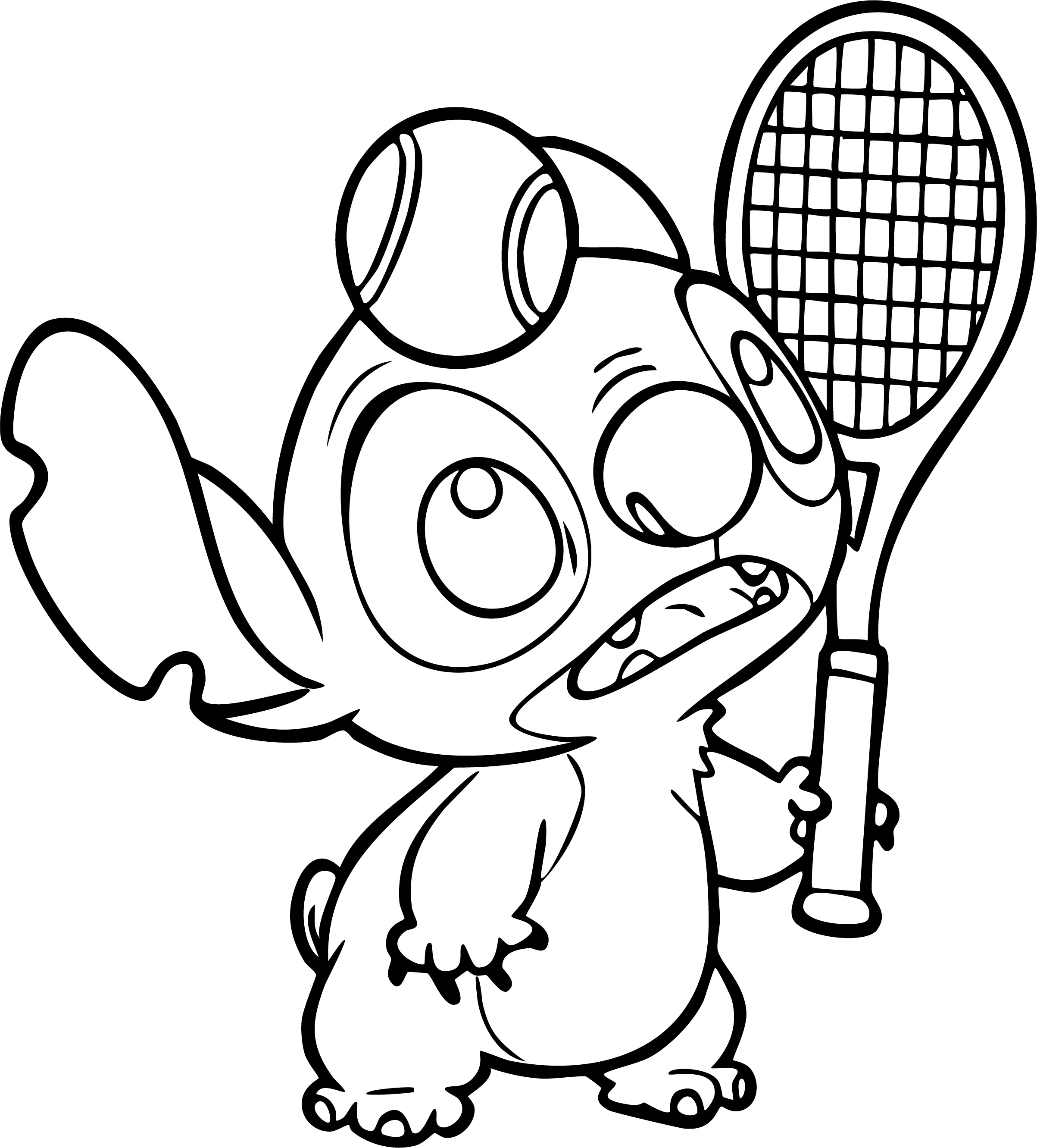 Stitch from Lilo & Stitch coloring page. Stitch is holding a tennis racket with a ball nearby.