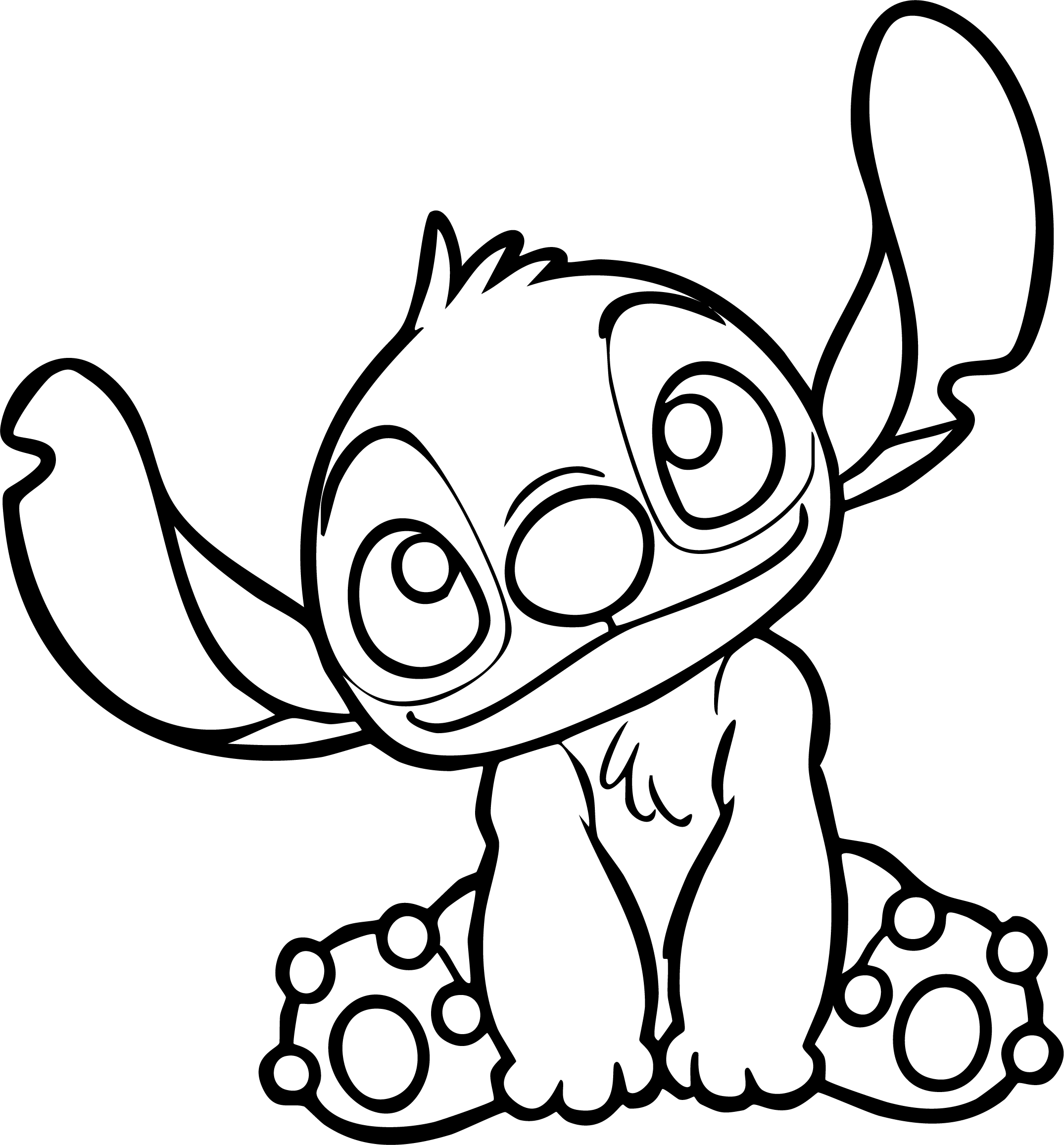 Stitch from Lilo & Stitch coloring page. Sitting facing forward, smiling, with large ears up, showing all four paws.