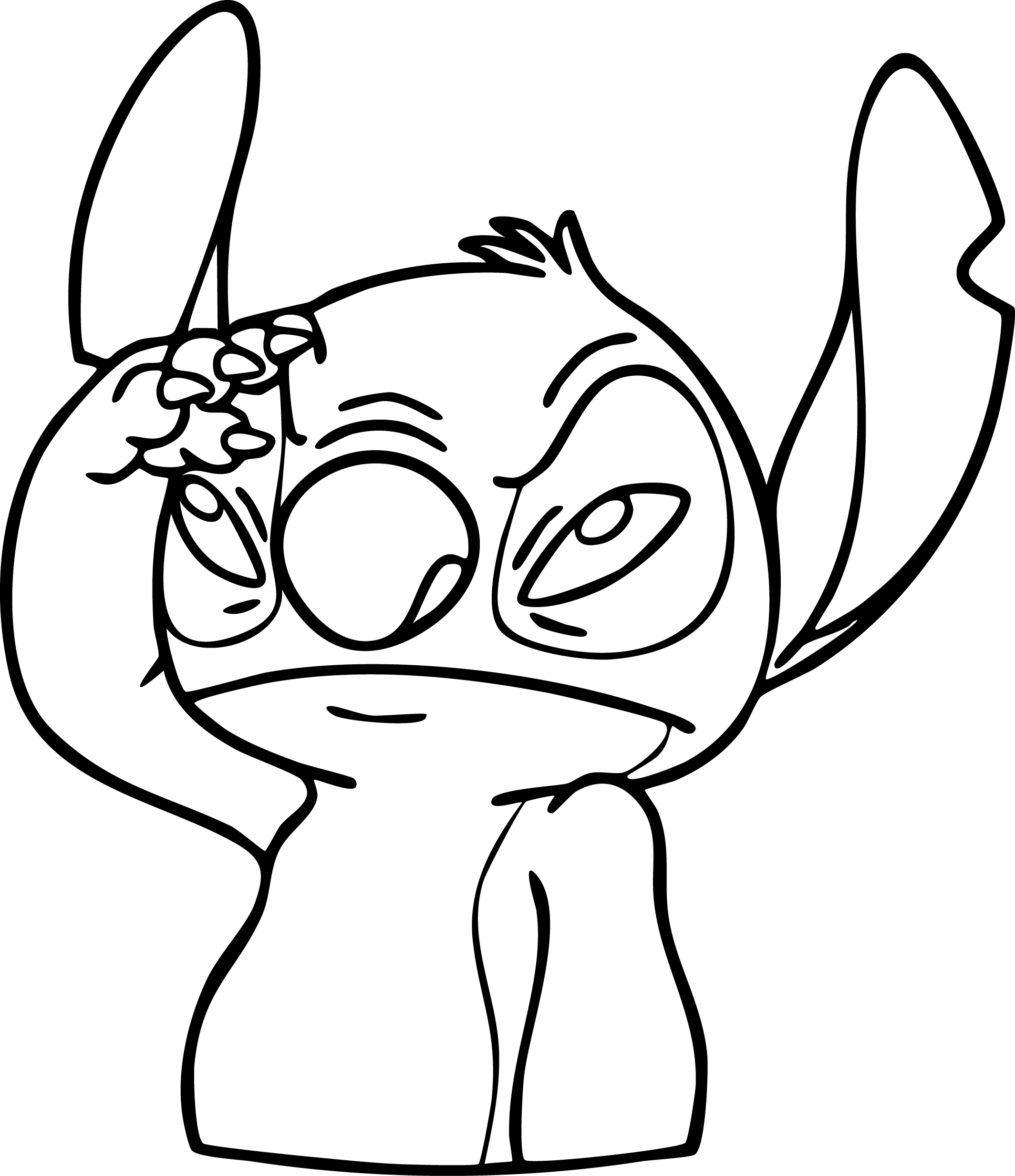 Stitch from Lilo & Stitch coloring page. Serious expression, paw on head.