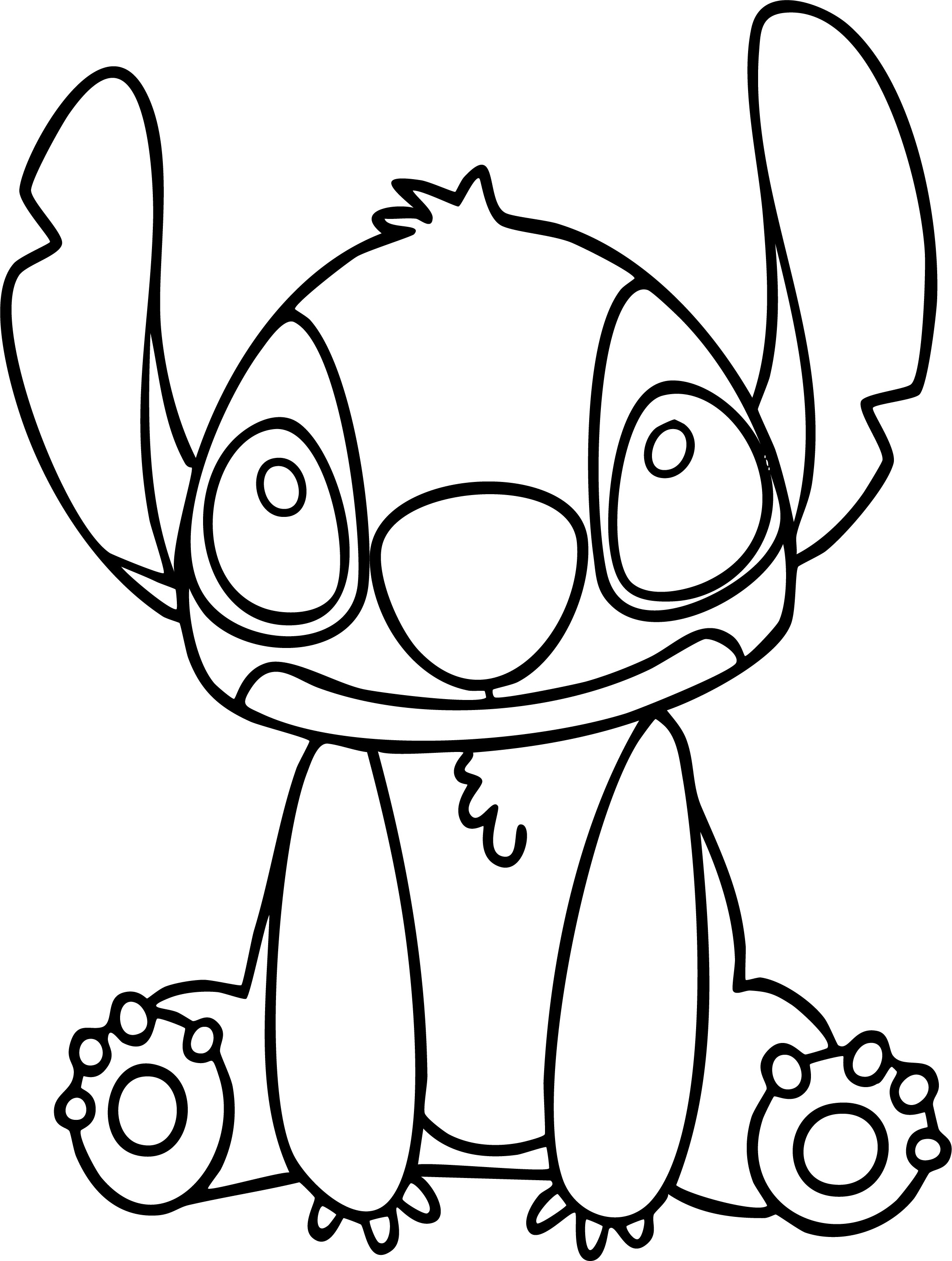 Stitch from Lilo & Stitch coloring page. Small and cute, sitting on floor, looking upward with curiosity.