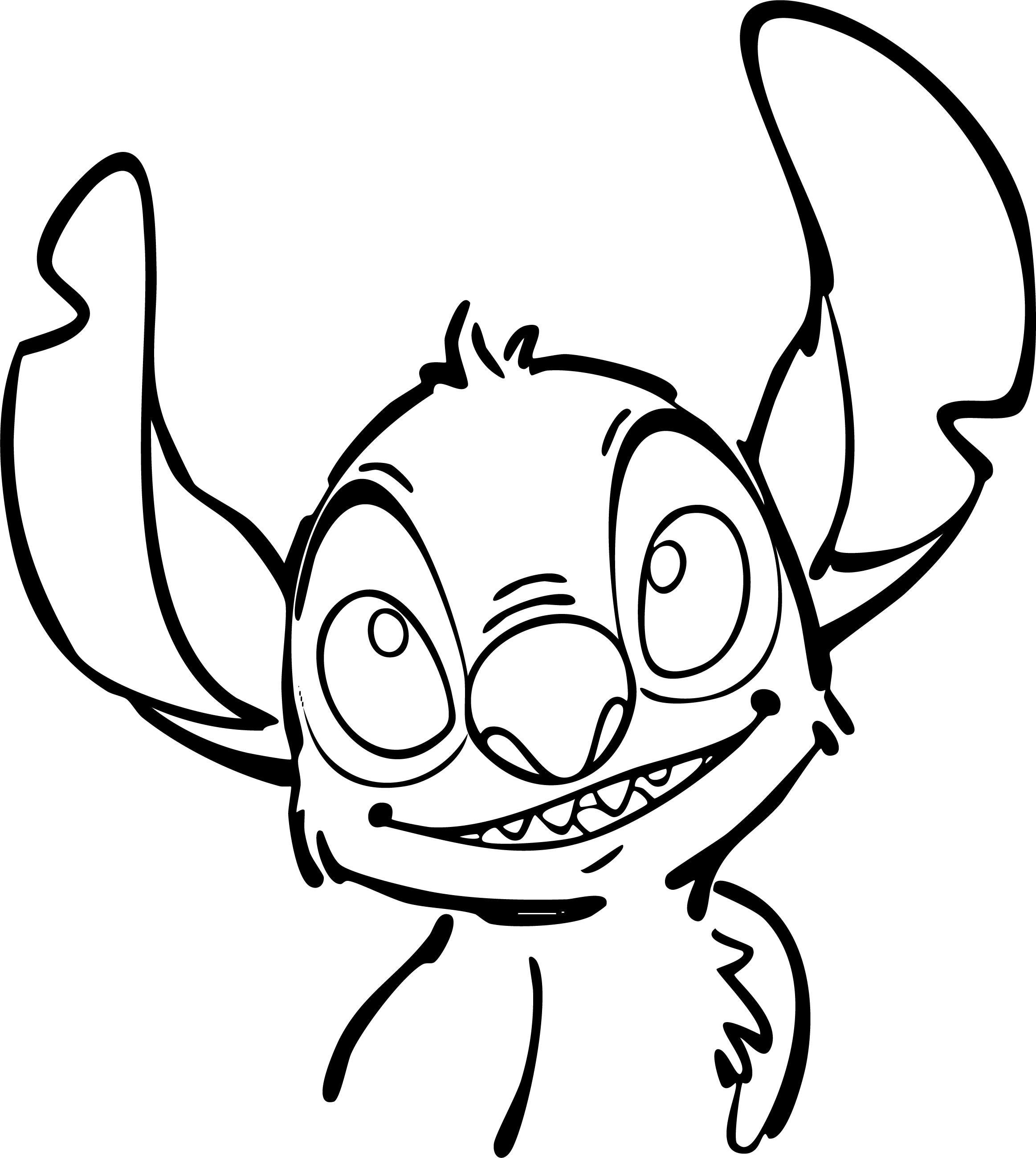 Stitch from Lilo & Stitch coloring page. Close-up portrait of Stitch smiling widely and showing his sharp teeth.