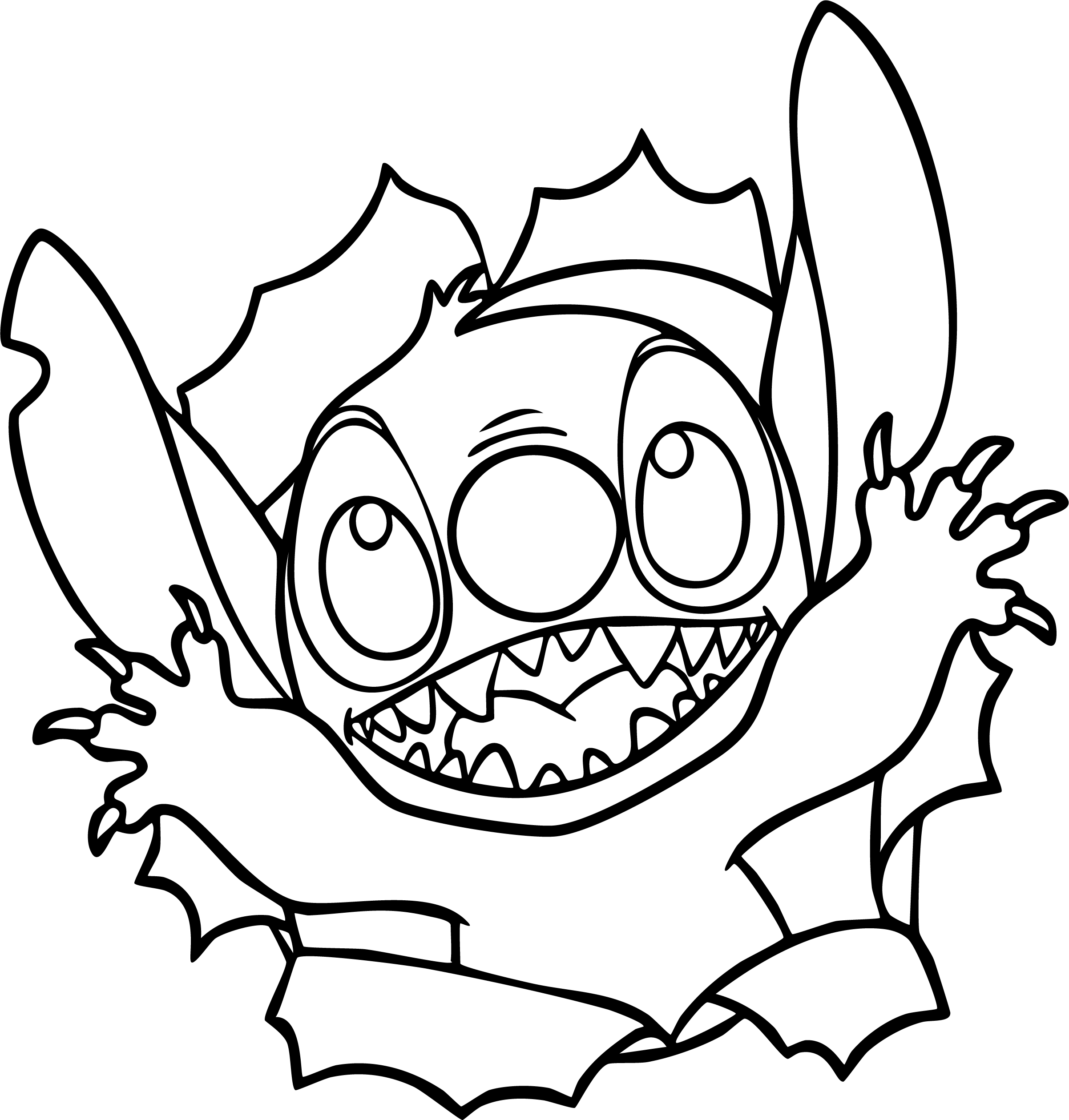 Stitch from Lilo & Stitch coloring page. Headshot, wide grinning smile showing sharp teeth, claws visible near face.