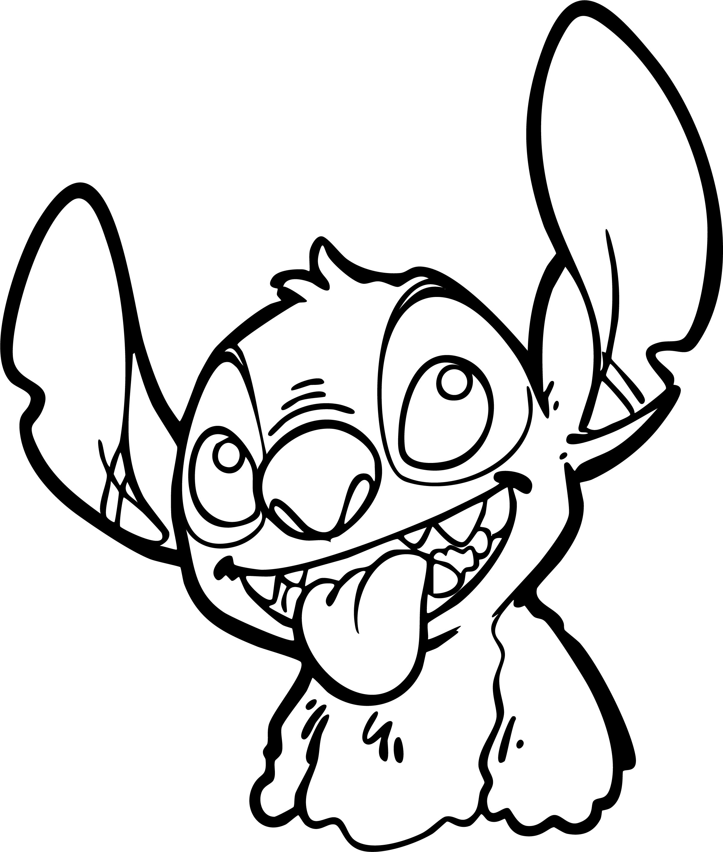 Stitch from Lilo & Stitch coloring page. He smiles widely and playfully sticks his tongue out.