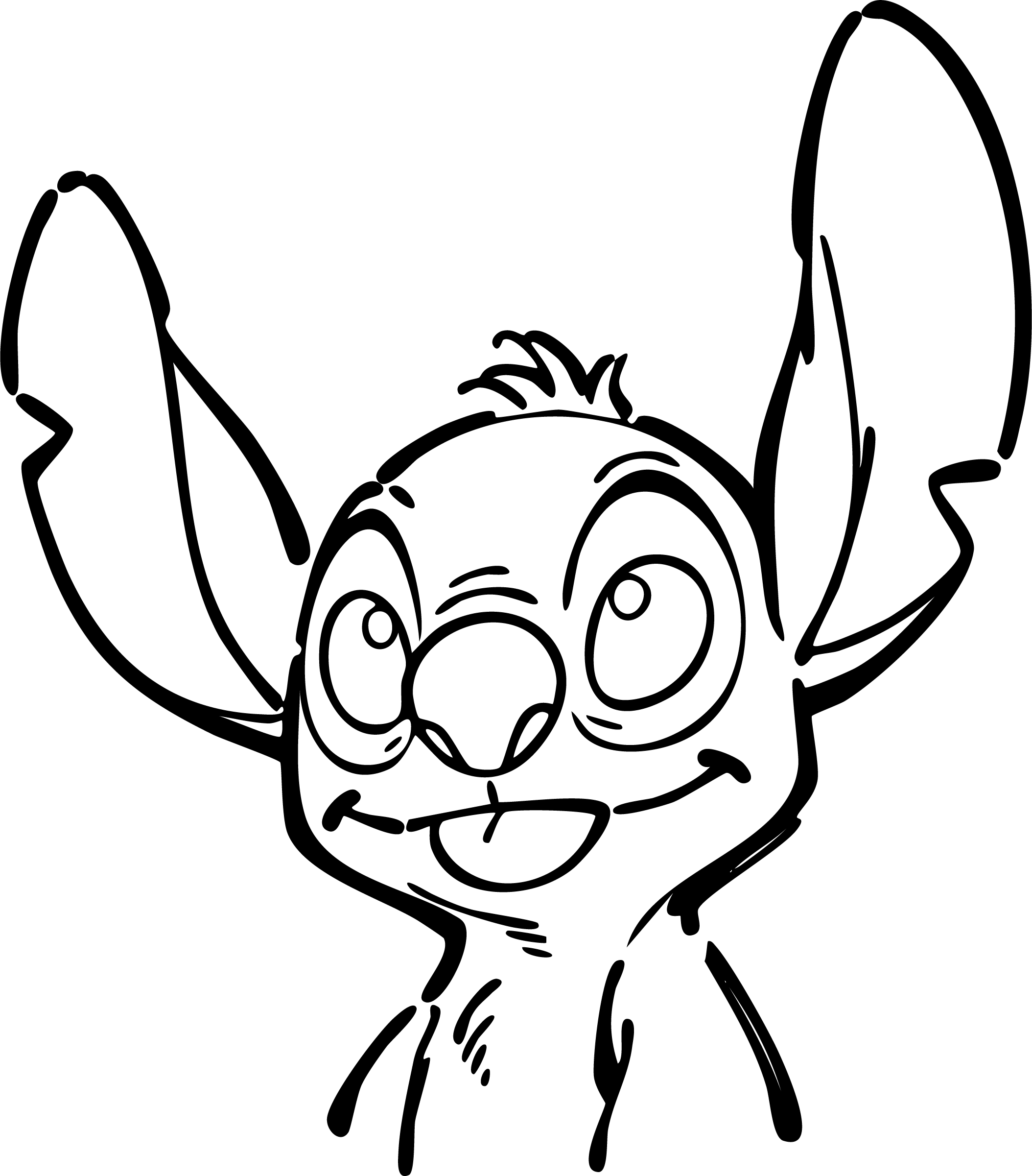Stitch from Lilo & Stitch coloring page. Funny face, sticking tongue out, wide happy grin, looking sideways.