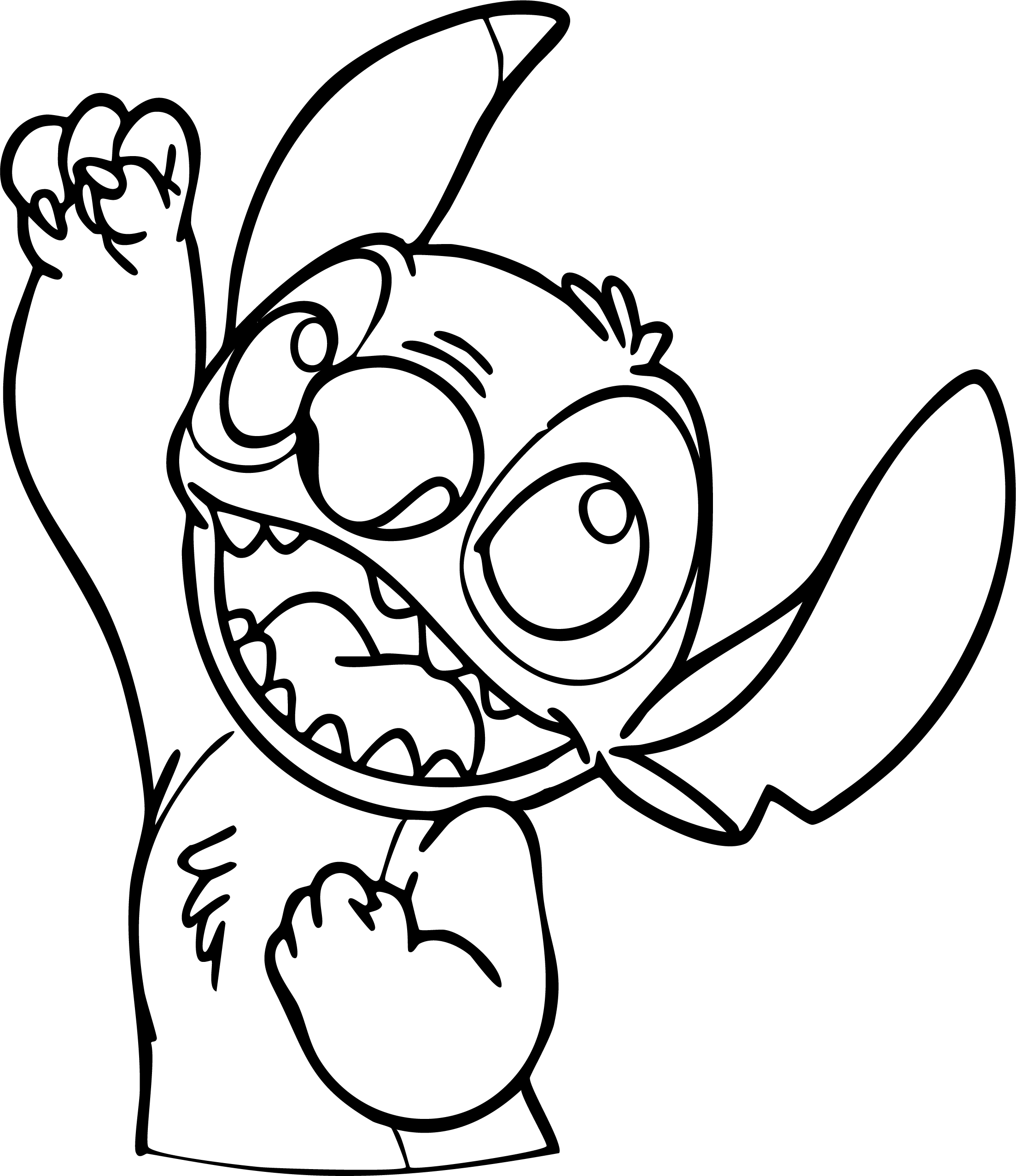 Stitch from Lilo & Stitch coloring page. Happy celebration, both paws raised.