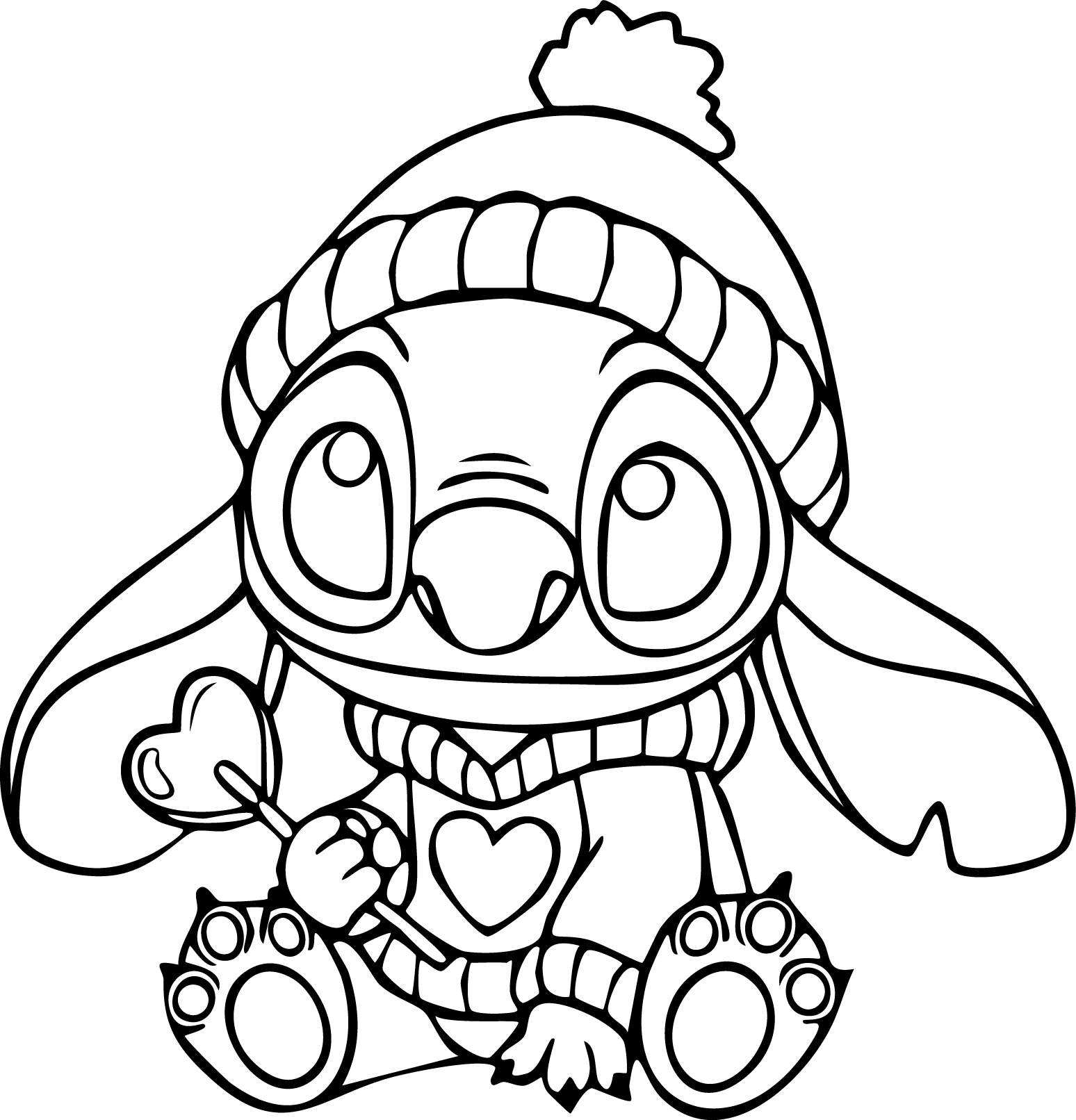 Stitch from Lilo & Stitch coloring page. He wears a knit hat and scarf while holding a heart wand.